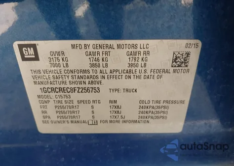 2015 Chevrolet Silverado 1500 1Lt z USA, uszkodzony, nr VIN 1GCRCREC8FZ256753